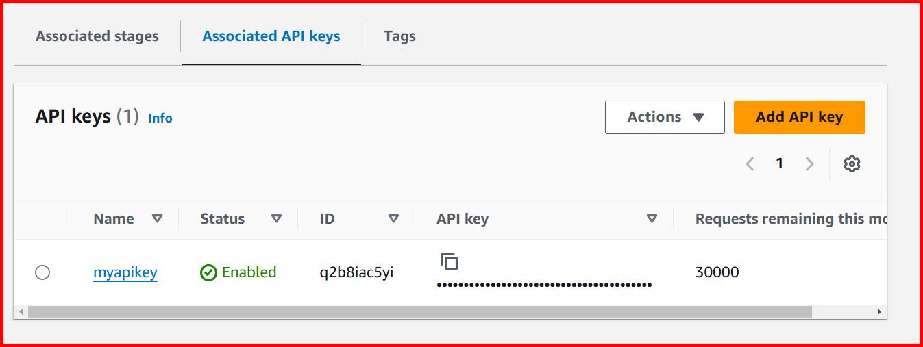 Picture showing the API key is added to usage plan